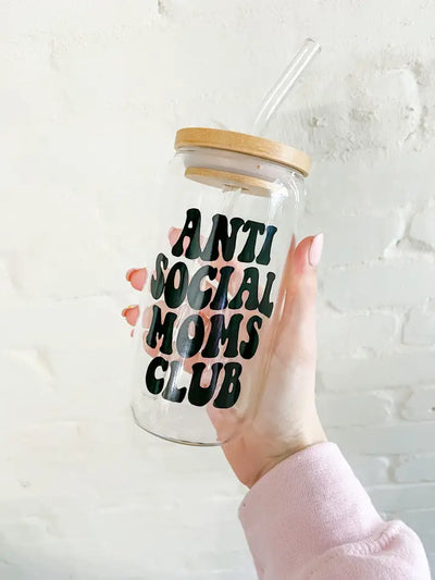 Antisocial Mom's Club - Iced Coffee Glass Cup Krazy Bling