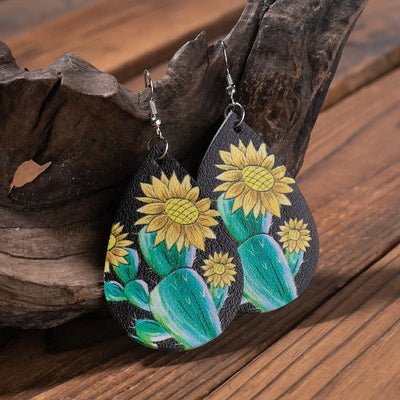 Black Cactus & Sunflower Leather Earrings Krazy Bling