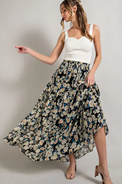 Black W/ Blue Floral Long Scrunch Waist Skirt Krazy Bling