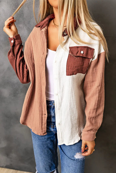 Brown Color Block Textured Button Up Jacket Krazy Bling