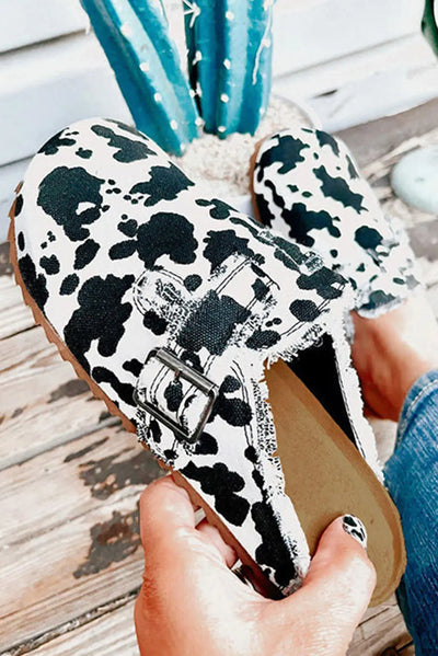 Cow Print Distressed Buckle Canvas Slip Ons Krazy Bling