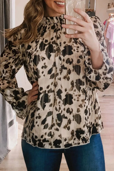 Cow Print Frilled Neck Bubble Sleeve Blouse Krazy Bling