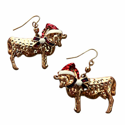 Cow W/ Santa Hat Gold Earrings Krazy Bling