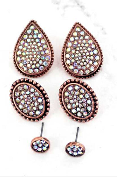 Crystal Copperstone Teardrop 3 Set Earrings Krazy Bling