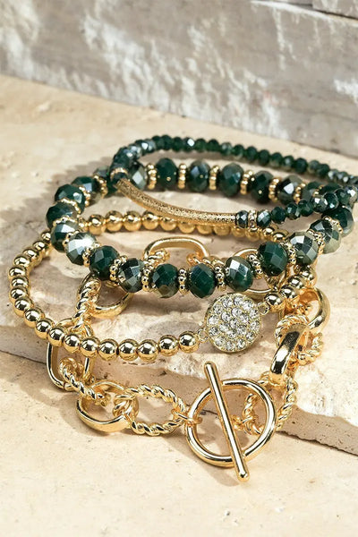 Gold Chain & Forest Green Shimmer Bead Bracelet Set Krazy Bling