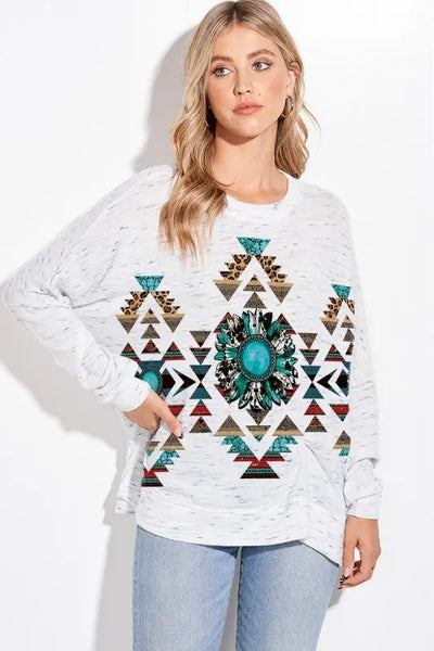 Grey Aztec Turquoise Sunflower Long Sleeve Top Krazy Bling