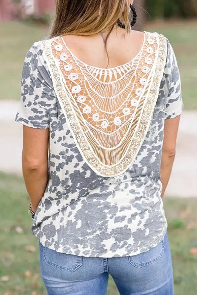 Grey Cow Print Crochet Lace Back Top Krazy Bling