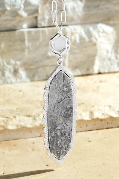 Grey Jasper Stone Pendant Long Necklace Krazy Bling