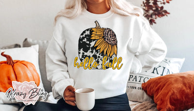 Hello Fall Cowhide Sunflower Sweater Krazybling