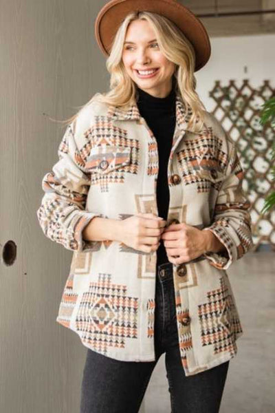 Woman wearing Ivory Aztec Button Up Jacket.