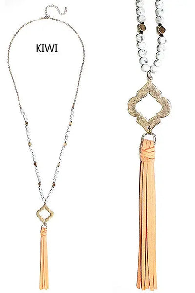 Kiwi Stone Beaded Long Necklace W/ Tassels Krazy Bling