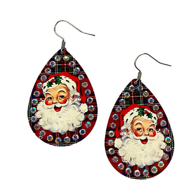 Metal Red Plaid Santa Claus Crystal Lined Earrings Krazy Bling