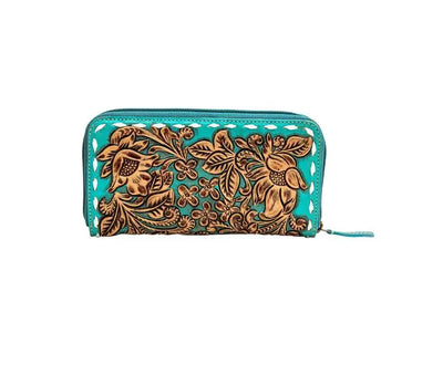 Myra Turquoise Whipstitch Tooled Floral Wallet Myra