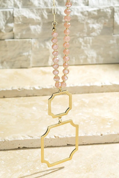 Pink Blush Shimmer Bead Geometric Pendant Long Necklace Krazy Bling