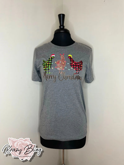 RTS Grey Merry Christmas Chickens Tee Krazybling