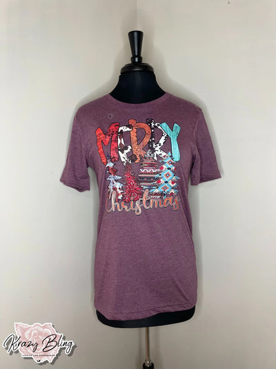 RTS Heather Maroon Merry Christmas Western Tee Krazybling