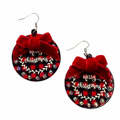 Red Plaid Merry Christmas Circle Earrings Krazy Bling