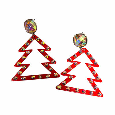 Red Rhinestone Lined Christmas Tree Earrings Krazy Bling