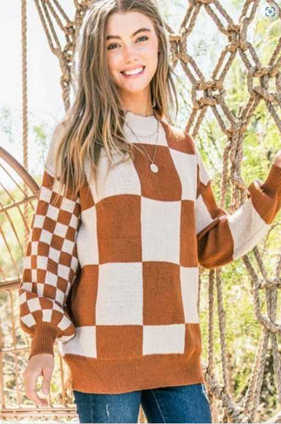 Rust Checkered Bubble Sleeve Sweater Krazy Bling