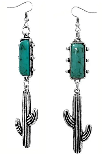 Silver Turquoise Dangle Cactus Earrings Krazybling