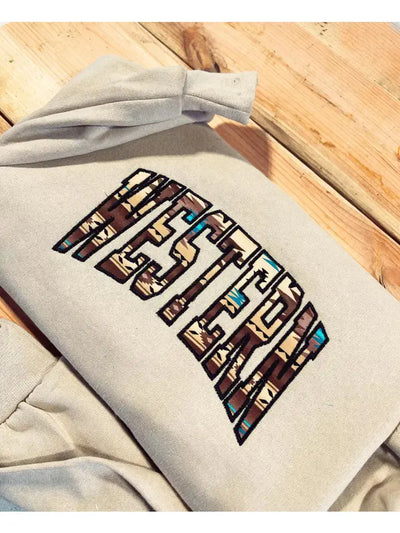 Tan Western Aztec Print Embroidered Sweatshirt
