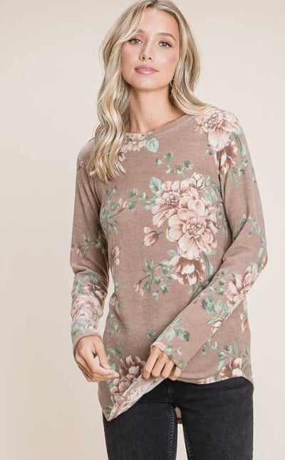 Taupe Floral Long Sleeve Top Krazy Bling