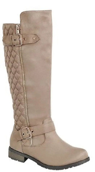 Taupe Tall Quilted Zip Up Buckle Boots Krazy Bling