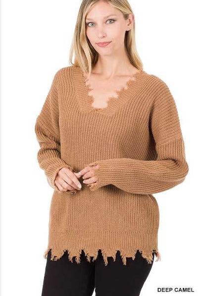Trendy Deep Camel Frayed Sweater Krazy Bling