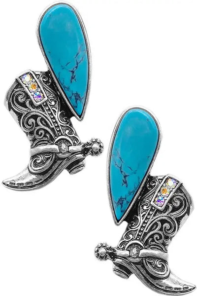 Turquoise Bling Cowboy Boot W/ Spurs Earrings Krazybling