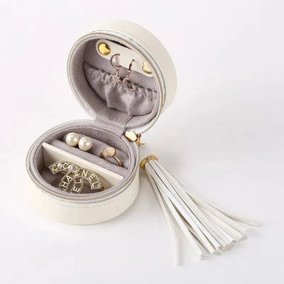 White Leather Zip Up Round Jewelry Case W/ Tassel Krazy Bling