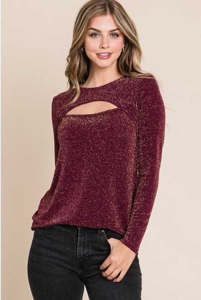 Wine Sparkle Cut Out Long Sleeve Krazy Bling