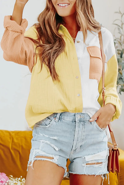 Yellow Color Block Textured Button Up Jacket Krazy Bling