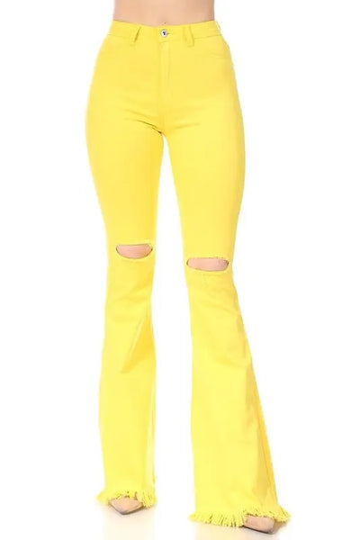 Yellow Ripped Knee Frayed Flare Jeans Krazy Bling